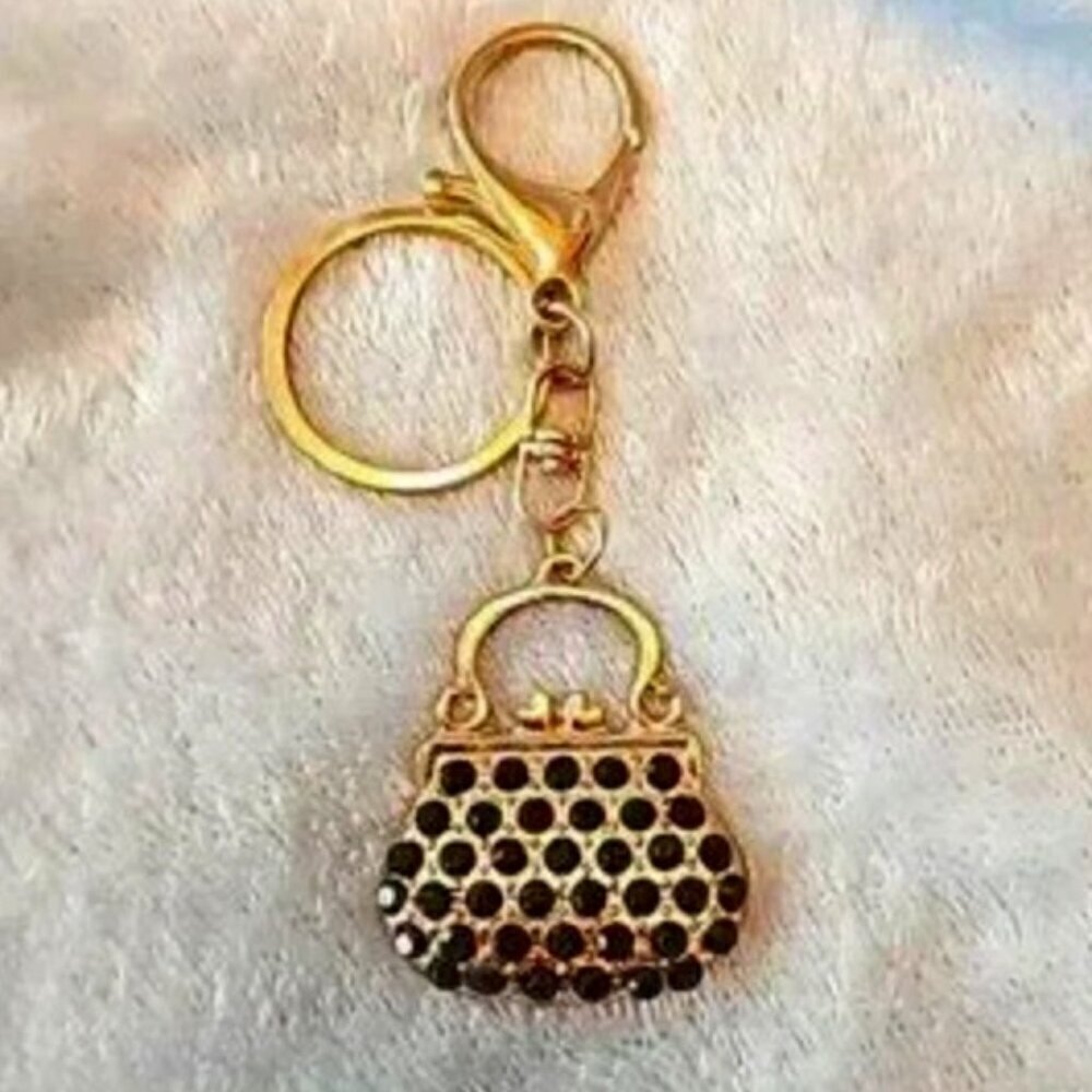 Bag Charm Key Chain Gold with Black Crystals Mini Bag -so Cute-